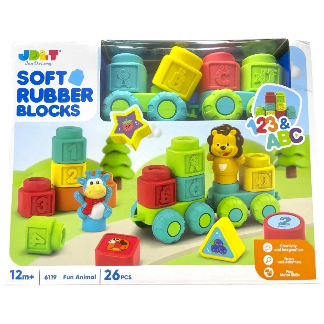 JDLT Soft Rubber Baby Building Blocks Set β 26 Pieces Educational Stacking Toys with Numbers, Shapes & Animals | 12+ Months