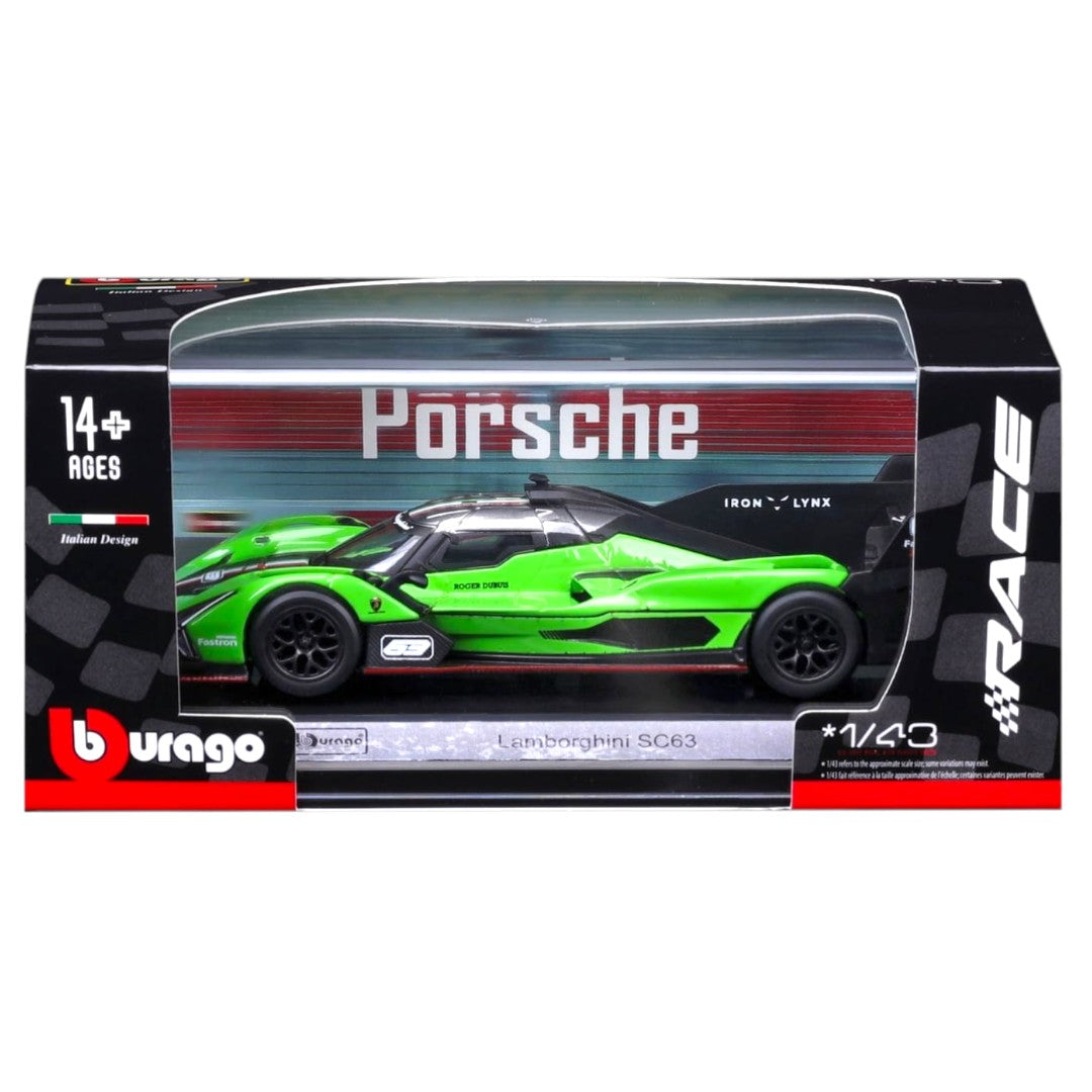 Bburago 1:43 Lamborghini SC63 Green Race Car Diecast Model – Premium Racing Series with Display Case