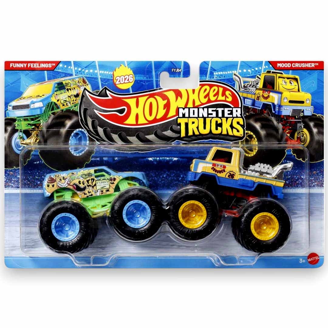 Hot Wheels 1:64 Scale Monster Trucks Funny Feelings + Mood Crusher Die-Cast Truck Set β 2-Pack Monster Truck Toy
