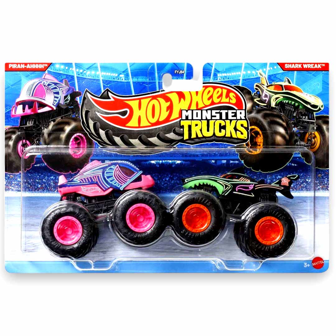 Hot Wheels 1:64 Scale Monster Trucks Piran-Ahhhh + Shark Wreak Die-Cast Truck Set – 2-Pack Monster Truck Toy