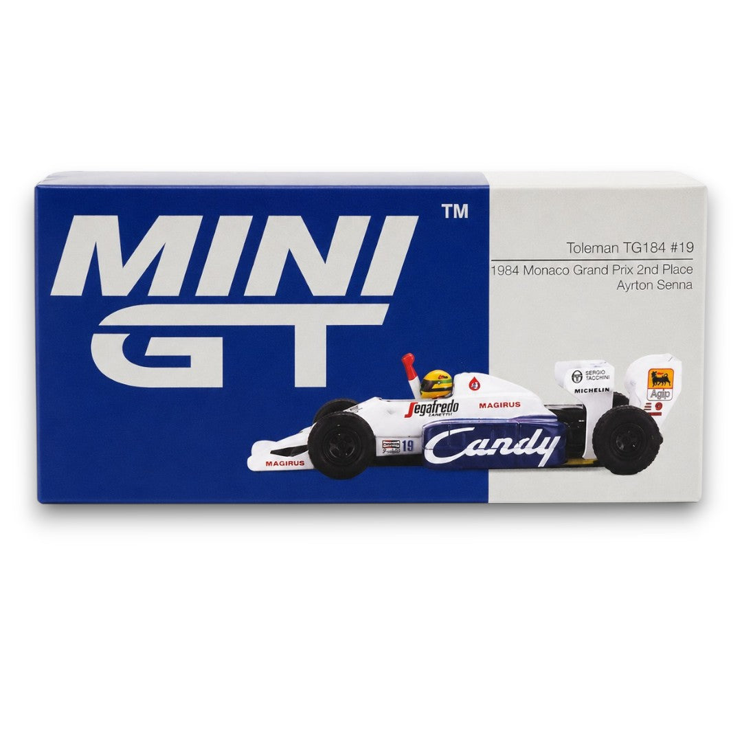 MINI GT 1:64 Toleman TG184 #19 Ayrton Senna 1984 Monaco Grand Prix 2nd Place Die-Cast Formula Racing Car Model