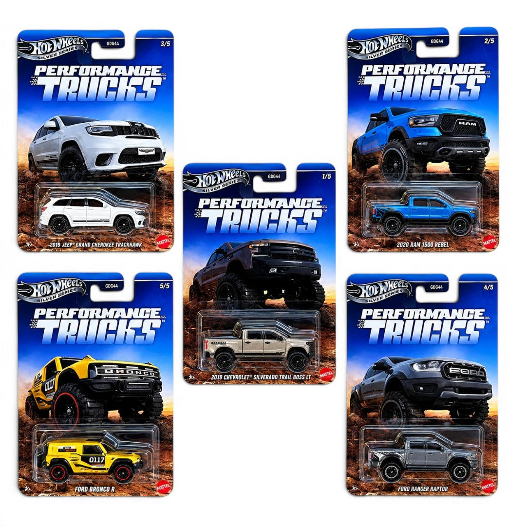 Hot Wheels Silver Series Performance Trucks Complete Set of 5 | Premium Die-Cast Pickup & SUV Collection | Mattel | 1:64 Scale