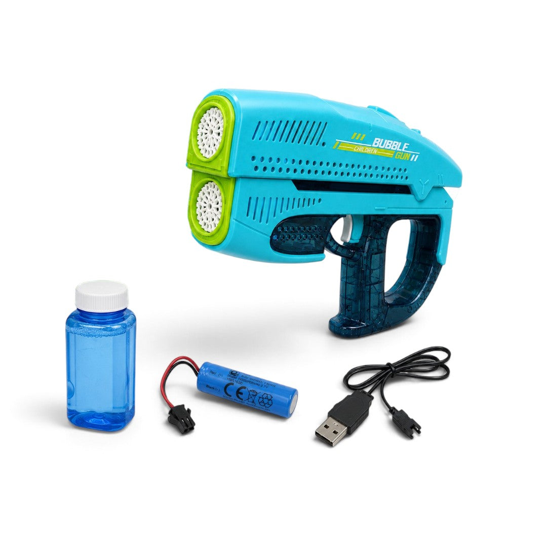 Rechargeable Double Outlet Bubble Gun with Colourful Lights – Turquoise Blue Bubble Blaster for Kids 3+ Years
