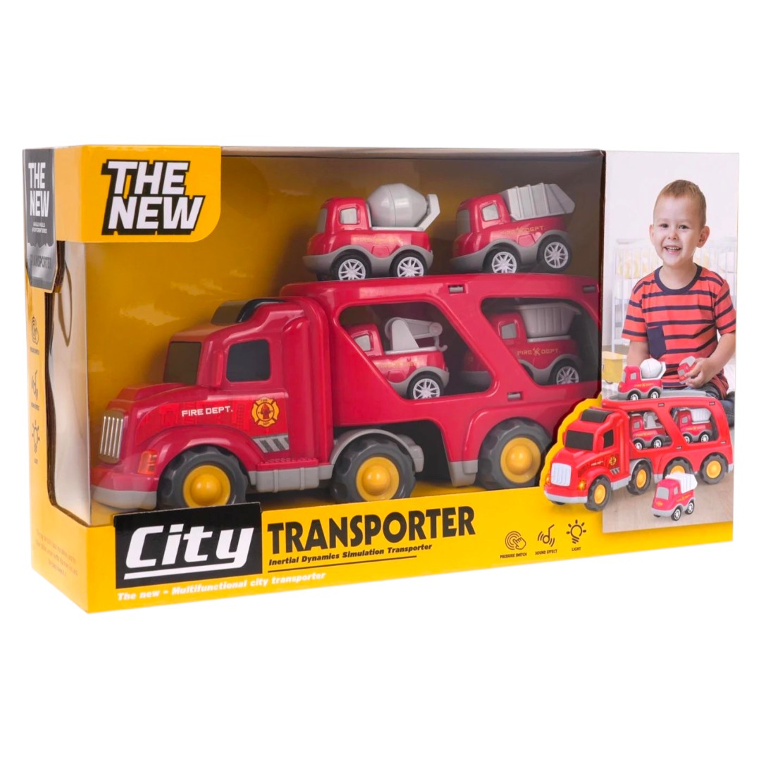 City Transporter Fire Truck Toy with Mini Construction Vehicles β Sound & Light Transport Truck | 6+ Ages