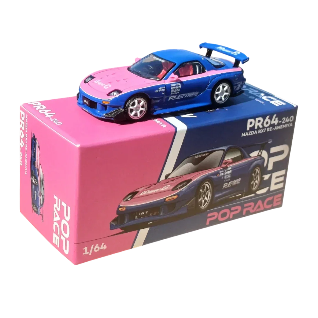 POP RACE Mazda RX-7 RE Amemiya Blue Pink 1:64 Die-Cast Car Model