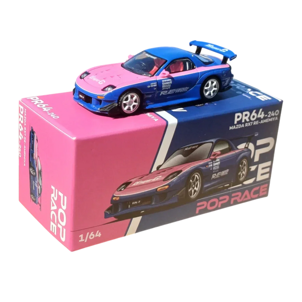 POP RACE Mazda RX-7 RE Amemiya Blue Pink 1:64 Die-Cast Car Model
