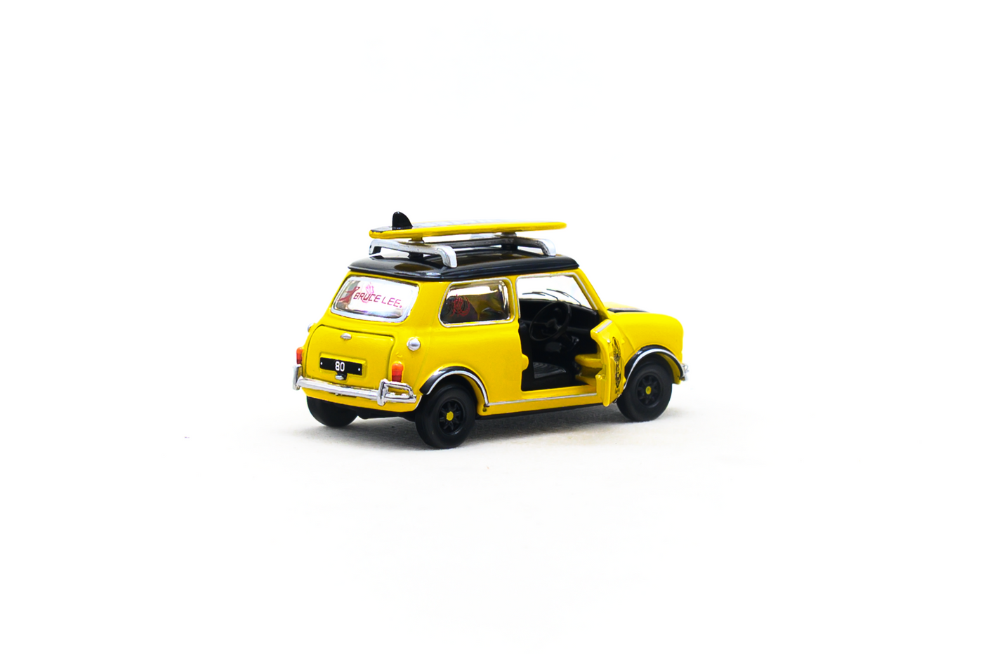 Mini Cooper Mk1 Bruce Lee Edition 1:50 Scale Die-Cast Model Car with Surfboard | Tiny City Collectible Display Vehicle