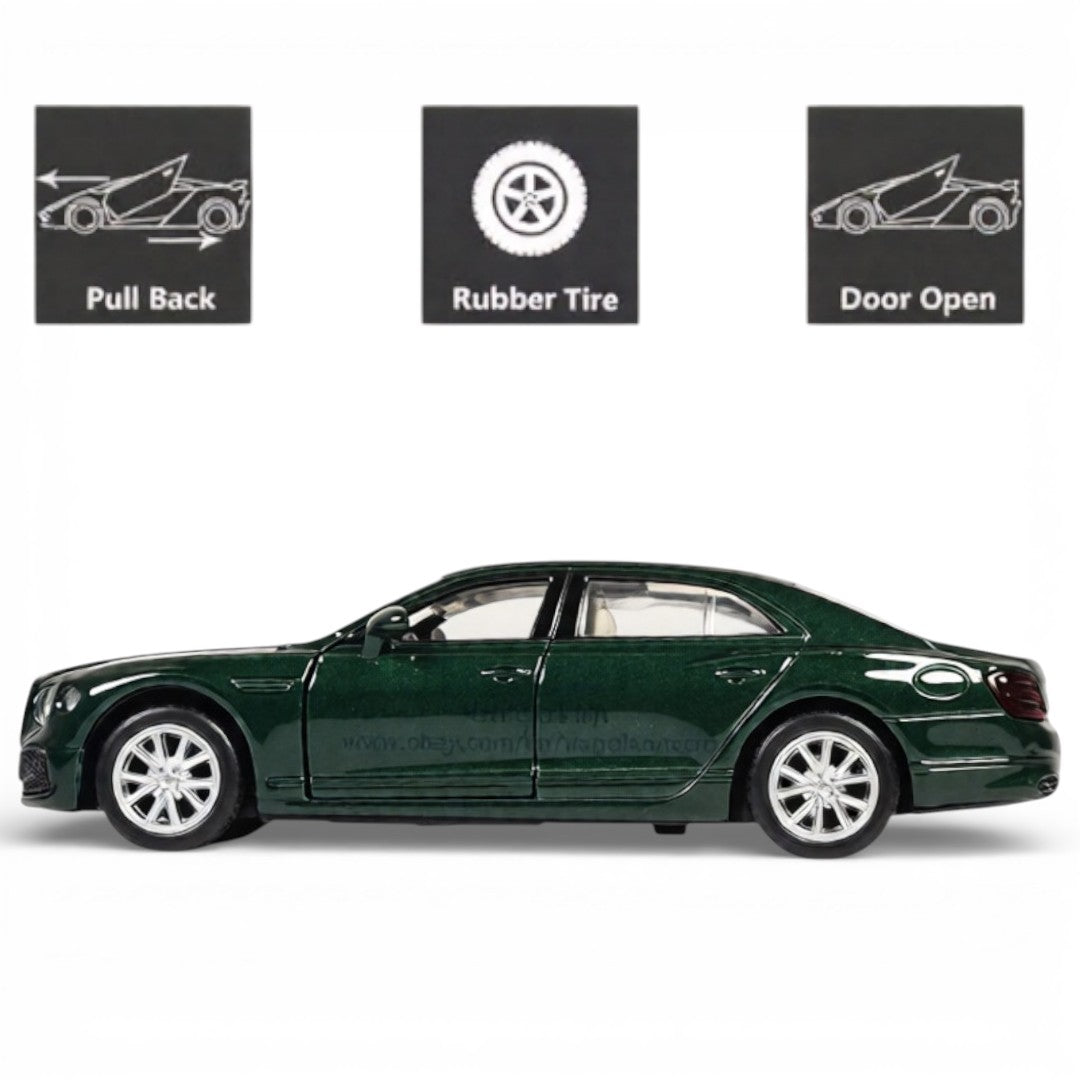 MSZ 1:47 Bentley Flying Spur Hybrid Die-Cast Model Car – Green | Pull Back, Openable Doors (67730)