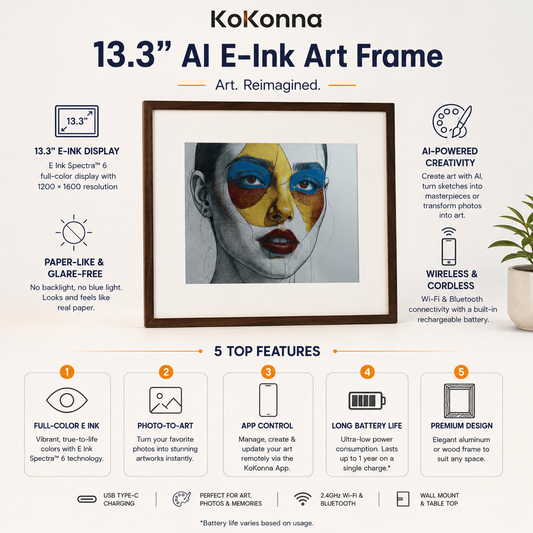 KoKonna 13.3″ AI E-Ink Art Frame | E Ink Spectra 6 Full-Color Display, 1200×1600 Resolution, Wireless AI Art & Photo Frame, Glare-Free Paper-Like Display, App & Voice Control, Long Battery Life