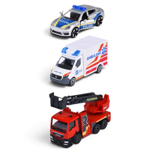 Majorette 1:64 Scale Rescue Emergency Vehicles 3-Piece Set – Die-Cast Ambulance, Police Car & Fire Truck with Free-Wheel Movement, Ages 3+
