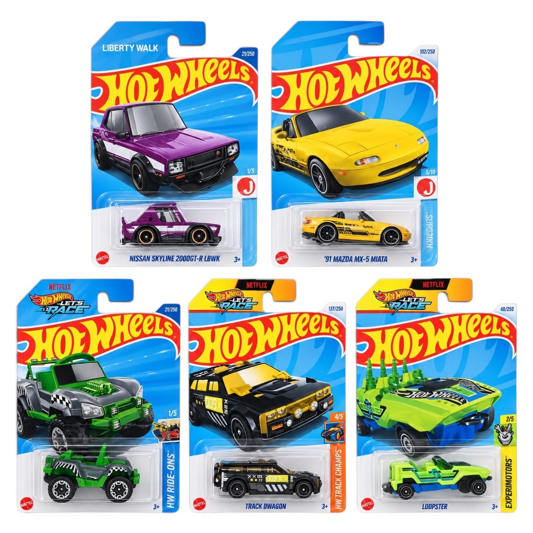 Hot Wheels 1:64 5-Car Die-Cast Set – Nissan Skyline 2000GT-R LBWK, ’91 Mazda MX-5 Miata, Bogzilla, Track Dwagon & Loopster