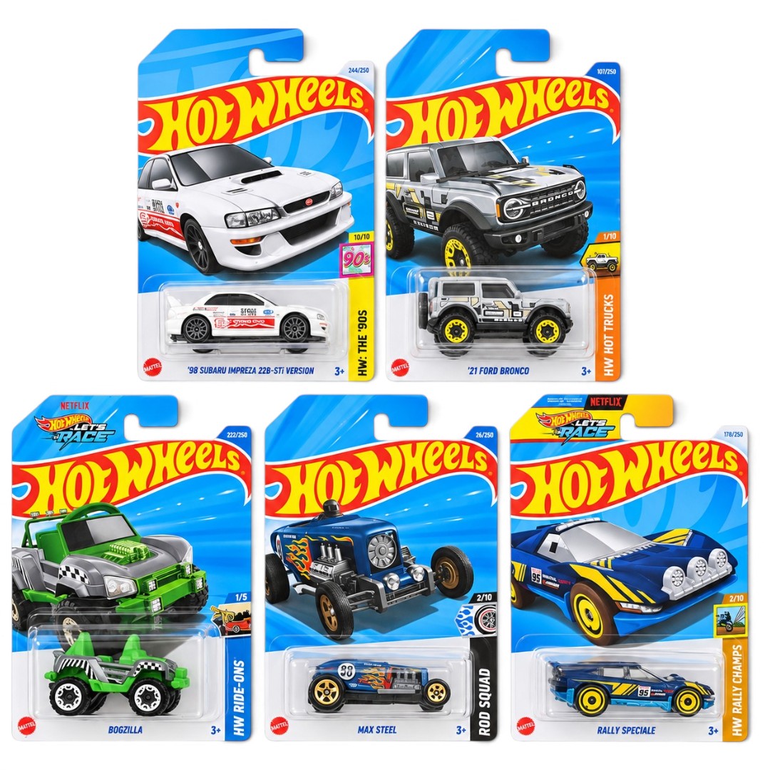 Hot Wheels 1:64 5-Car Die-Cast Set – ’98 Subaru Impreza 22B-STi Version, ’21 Ford Bronco, Bogzilla, Max Steel & Rally Speciale
