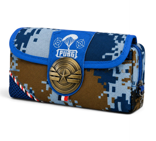 PUBG Camouflage Pencil Case for Kids – Blue & Brown Box-Shaped School Pencil Pouch with Multiple Zippers & Flap Design