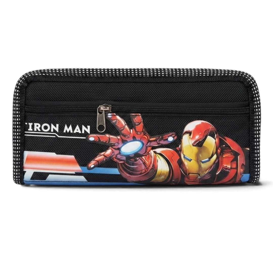 Iron Man Pencil Case for Kids – Black Box-Shaped School Pencil Pouch with Zipper & Superhero Graphic Design