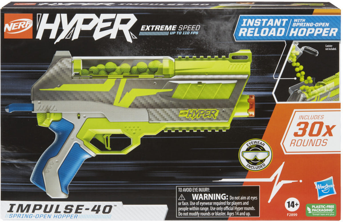 Nerf Hyper Impulse-40 Blaster – 30-Round Capacity with Spring-Open Reload & Eyewear
