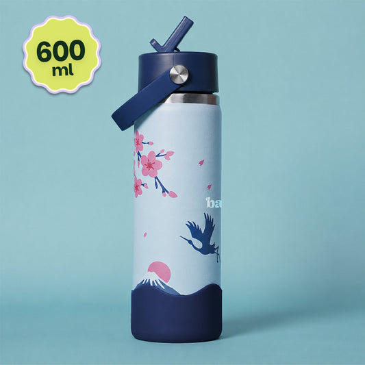 Basil 600ml Kids Stainless Steel Water Bottle with Straw & Carry Handle | 304 Stainless Steel, Food-Grade Silicone Base | Ages 7–12 Years