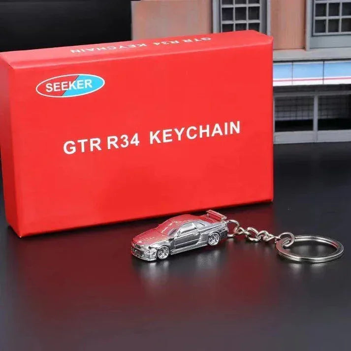 SEEKER Nissan Skyline GT-R R34 Chrome Finish Keychain | Premium Diecast Metal Car Key Ring