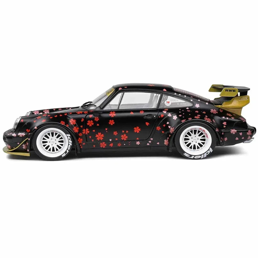 2021 RWB Aoki Matt Black with Cherry Blossom Graphics "Rauh WeltBegriff" 1/18 Diecast Model Car by Solido - Jaiman Toys