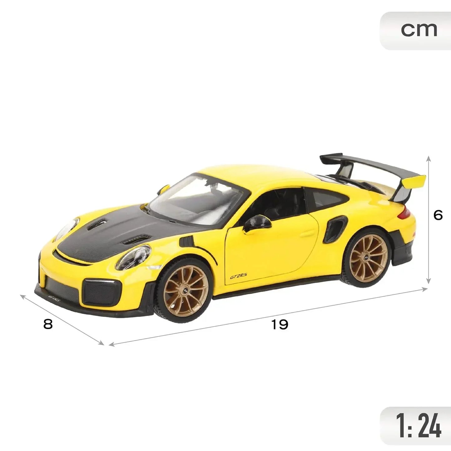 Bburago 1:24 Porsche 911 GT2 RS Diecast Model – Yellow with Carbon Hood Collectible Car