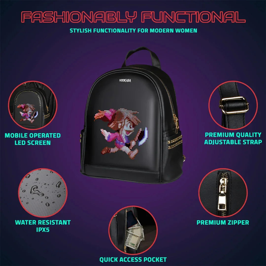 HOOKABA Dazz Roll Women’s LED Backpack – App-Controlled Pixel Display, Stylish Waterproof Bag (14L) -Black - Jaiman Toys