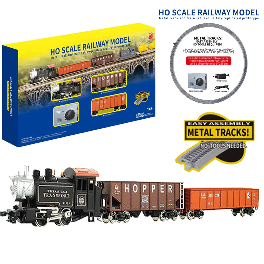 HANFLY Scale Electric Steam Locomotive Train Set 1:87 with Metal Tracks | Alloy Engine, Cargo Wagon, Speed Controller | Classic Railway Model Toy Gift