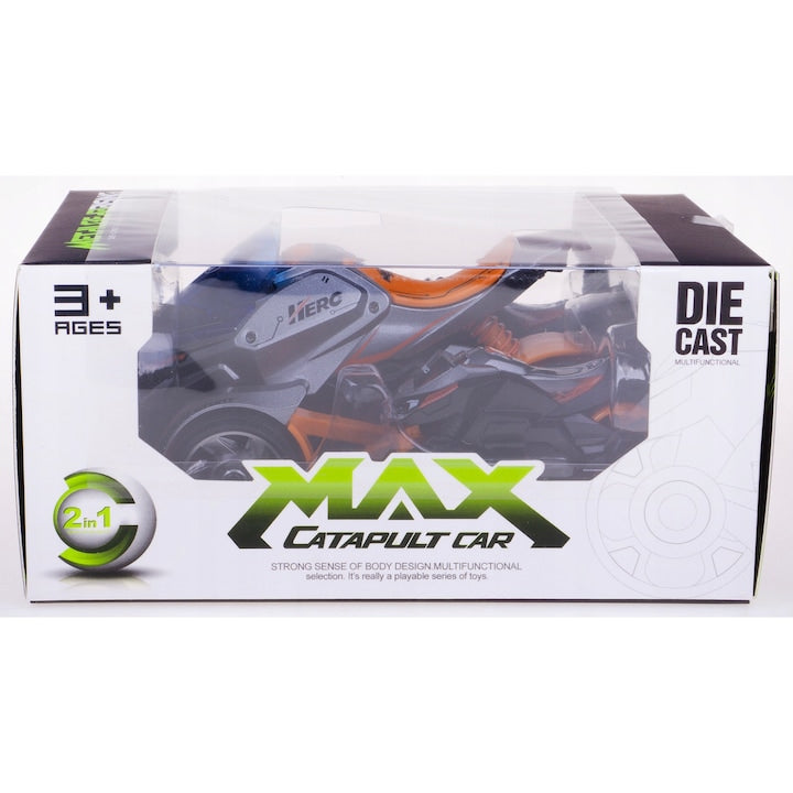 Max Catapult Car 2-in-1 Die Cast Transform Bike Toy β Push & Launch Action Vehicle for Kids (Orange Edition, 3+ Years)