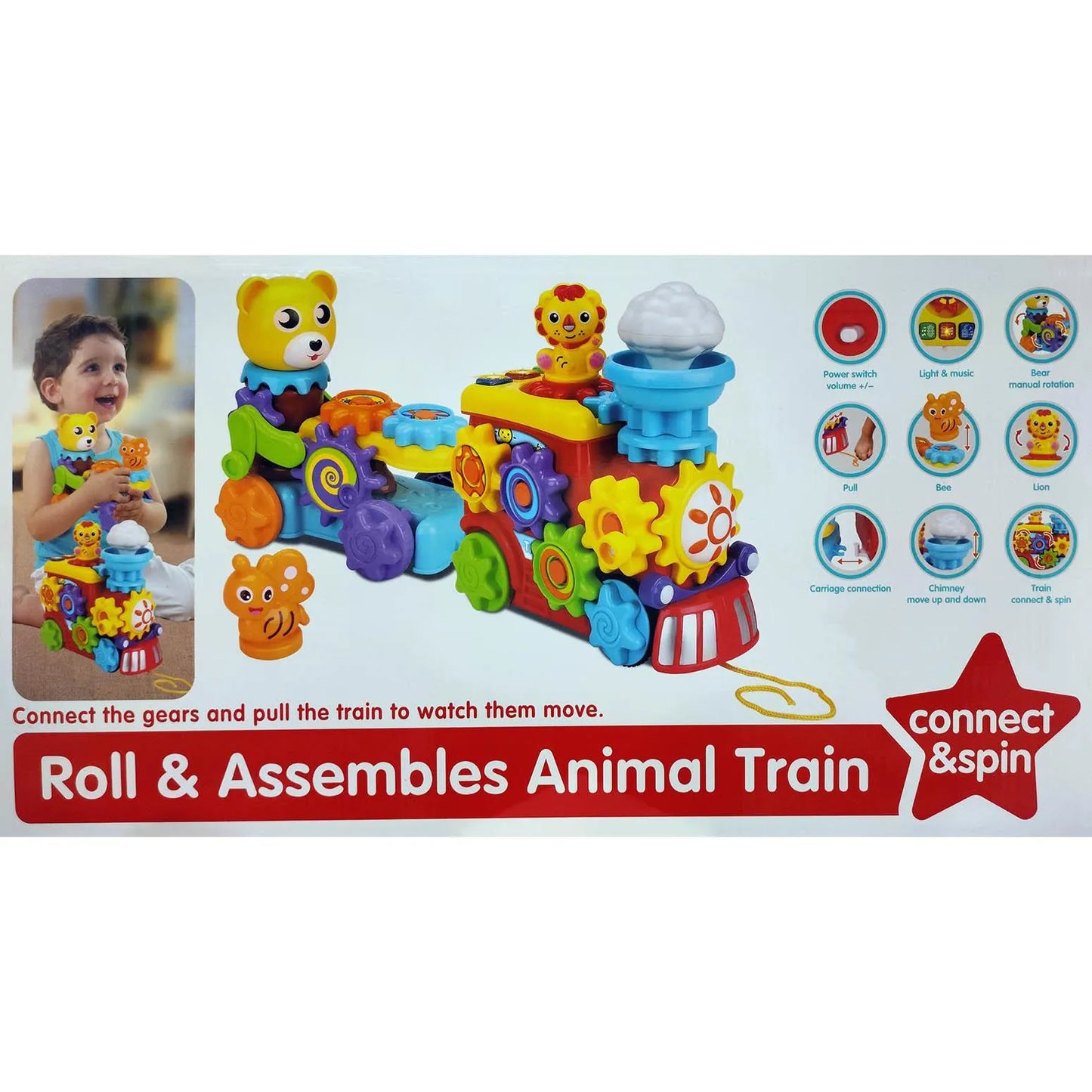 Five Star Roll & Assemble Animal Train Toy β Gear Connection Train with Light, Music & Spinning Animal Figures for Toddlers