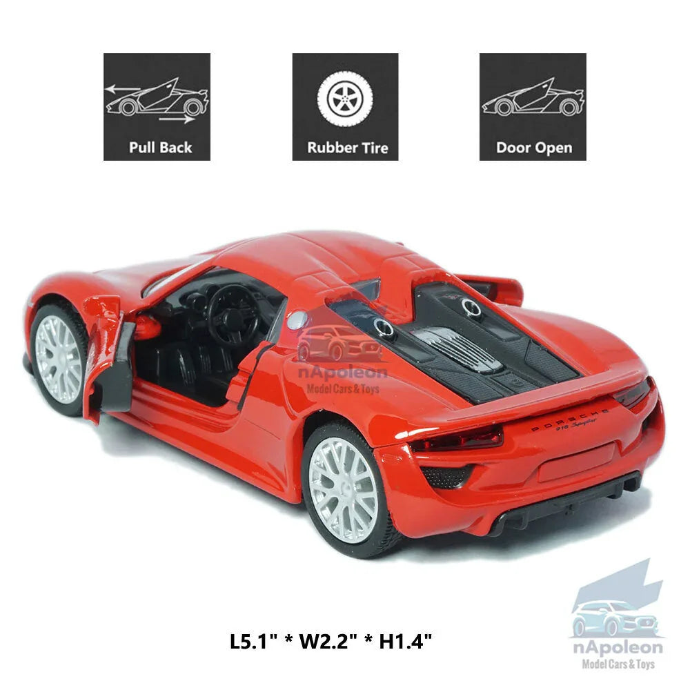 RMZ City Porsche 918 Spyder 1:36 Die-Cast Hypercar | Pull Back & Go | Openable Doors | Red / Silver Grey