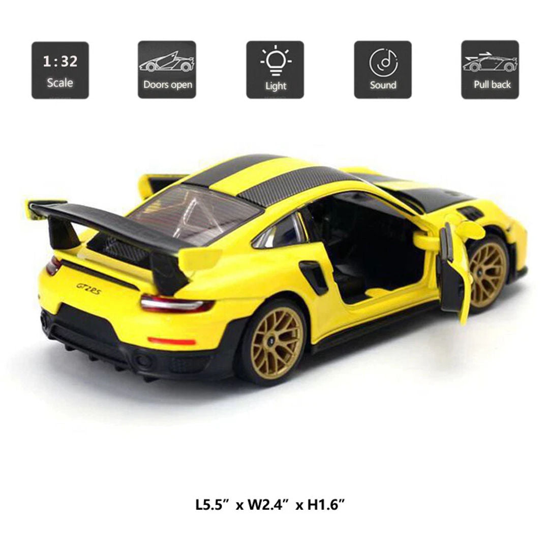 MSZ 1:32 Porsche 911 GT2 RS Die-Cast Model Car – Yellow| Pull Back, Openable Doors, Light & Sound (68705)