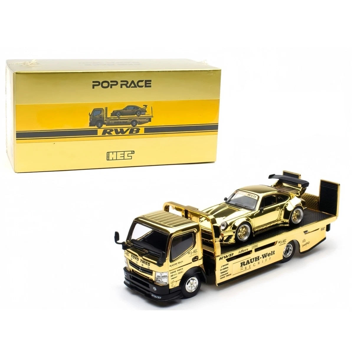 POP RACE 1:64 RWB 930 & PANDEM FUSO-300 Flatbed Transporter Gold S-SET4 Diecast Model Set