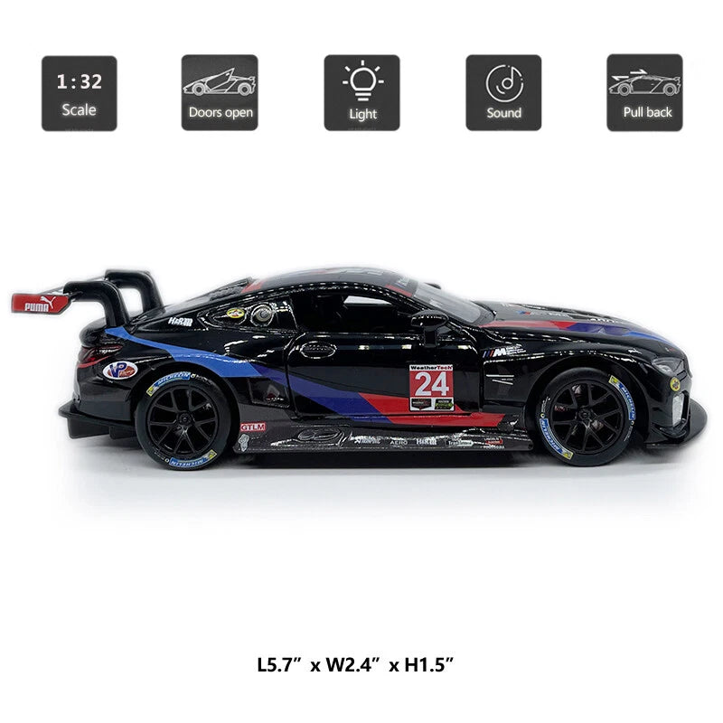 RMZ Hobby 1:32 BMW M8 GTE Die-Cast Model Car – Black |Pull Back, Openable Doors, Light & Sound (664996)