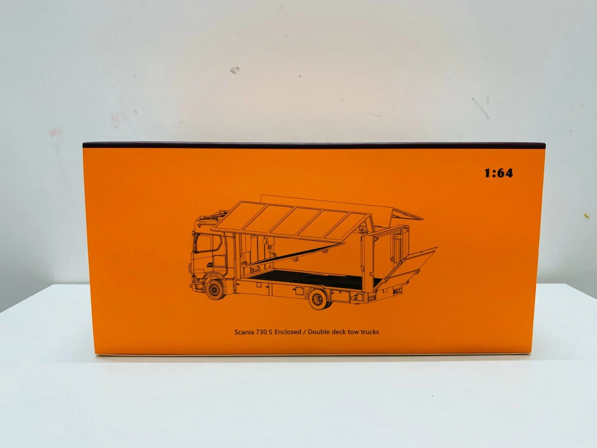 GCD 1:64 Scania 730 S Enclosed Double Deck Tow Truck Diecast Model – Yellow