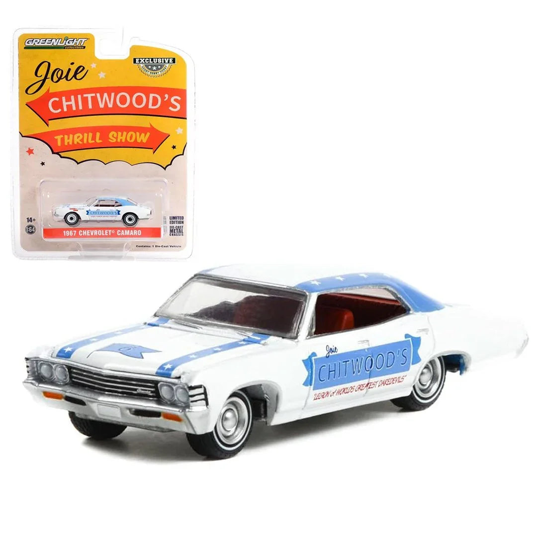 Greenlight 1:64 1967 Chevrolet Camaro White/blue Stripes joie Chitwood's Thrill Show - Jaiman Toys