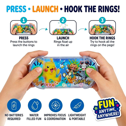 Pokemon Mini Water Ring Toss Game 14 × 7 cm, Push-Button Pocket Game for Kids, Portable Handheld Skill Toy