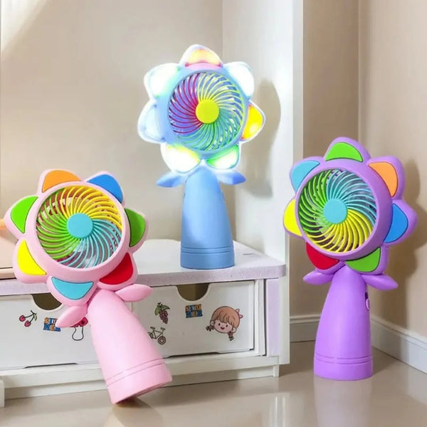 Portable Handheld Mini Fan with LED Lights – Colorful Flower Design Personal Cooling Fan for Travel, Office & Outdoor Use (Pack of 1)