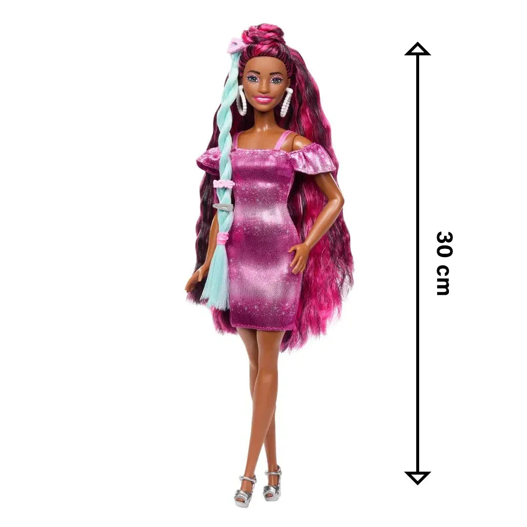Barbie Fun & Fancy: Brunette Beauty with Extra-Long Colorful Hair and Shimmery Pink Dress - Jaiman Toys