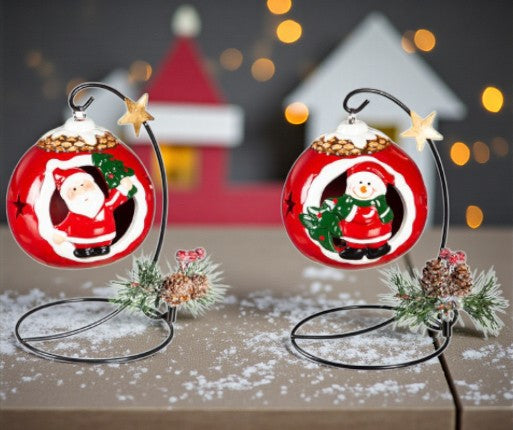 Hanging Santa Christmas Ornament with Metal Stand – Festive Bauble Décor with Pinecone & Berries | Tabletop Christmas Decoration - 1 Piece