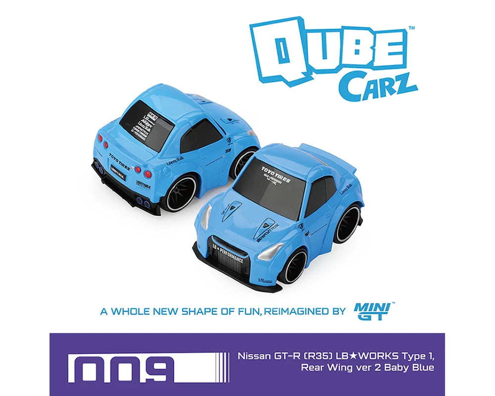 MINI GT 1:64 QubeCarz Nissan GT-R R35 LB Works Type 1 Rear Wing Ver. 2 Baby Blue Die-Cast Model Car