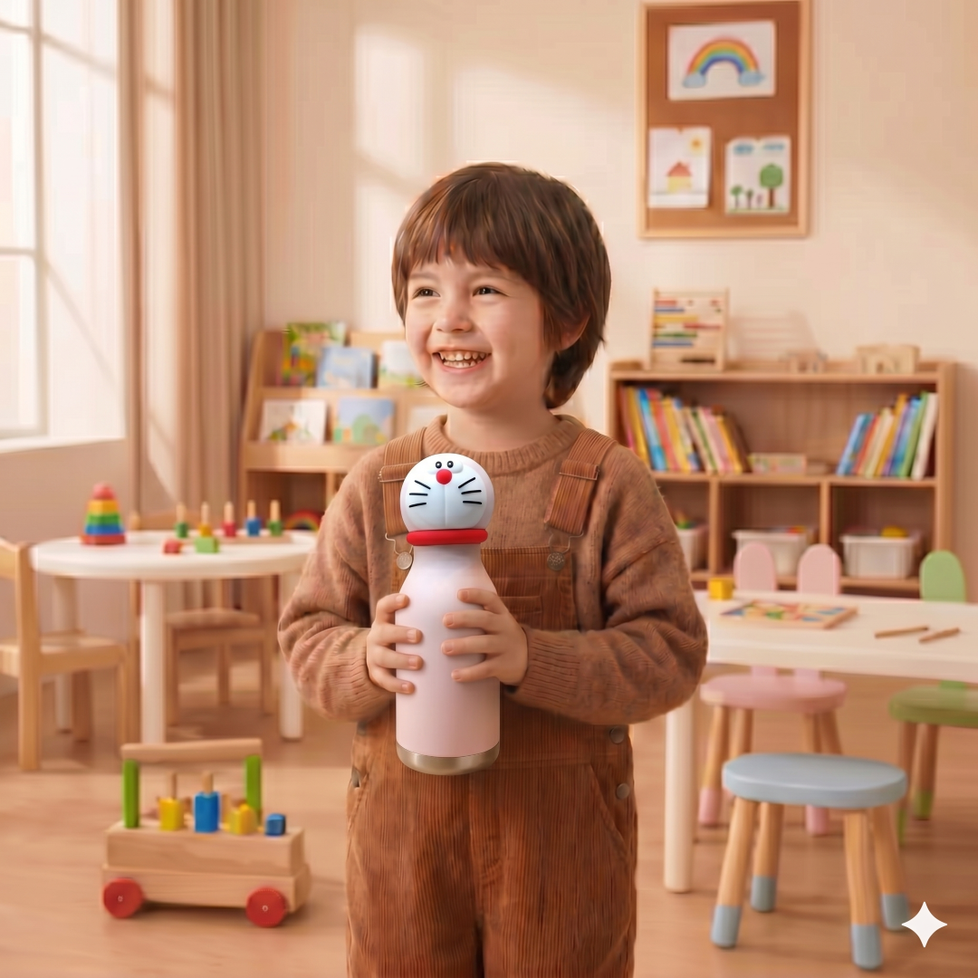 Afresh 365 Doraemon Character Head 450ml Insulated Stainless Steel Kids Water Bottle with Straw | 16oz Vacuum Flask With 2 Colour Variants