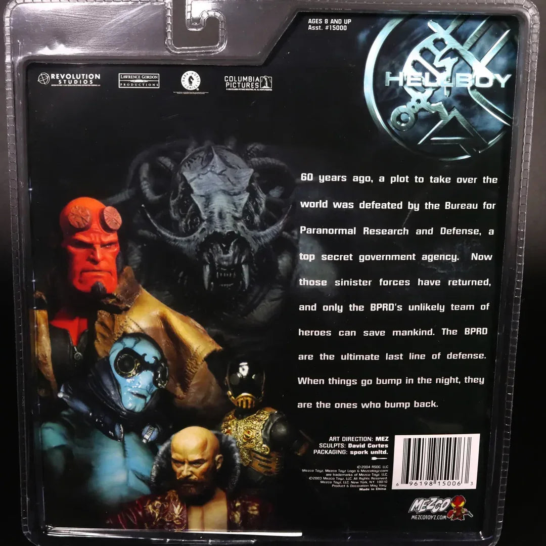 Hellboy action figure packaging back with character images and description, Mezco Toyz collectible.