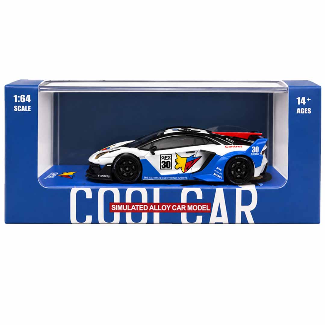 CoolCar Lamborghini Aventador GPX #30 1:64 Scale Die-Cast Model Car | White & Blue Racing Livery Collectible with Display Case