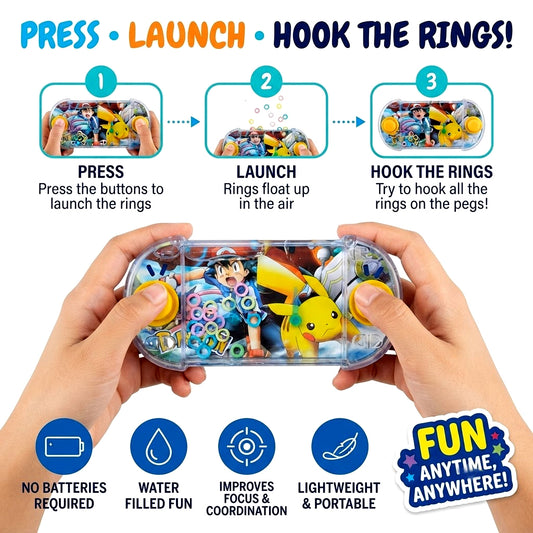 Pokemon Mini Water Ring Toss Game 14 × 7 cm, Push-Button Pocket Game for Kids, Portable Handheld Skill Toy