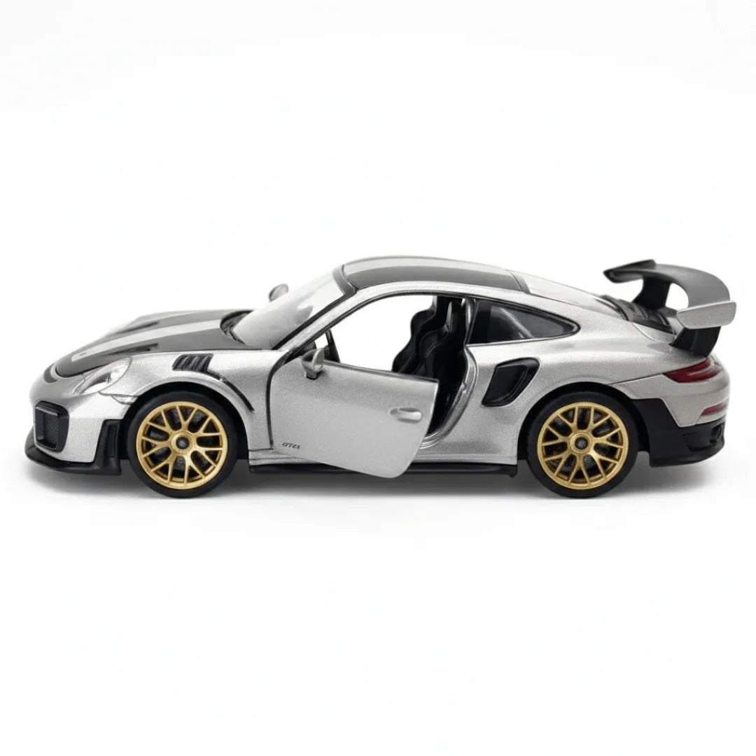 MSZ 1:32 Porsche 911 GT2 RS Die-Cast Model Car – Grey | Pull Back, Openable Doors, Light & Sound (68705)