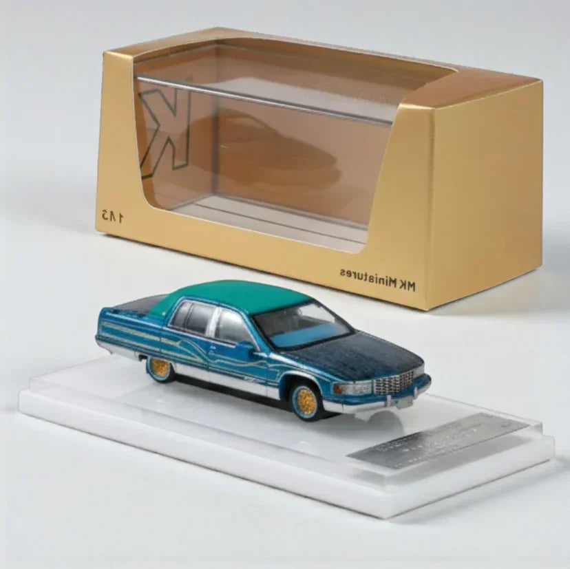 MK Miniatures 1:64 Cadillac Fleetwood Lowrider Die-Cast Model Car – Blue/Green Custom Edition