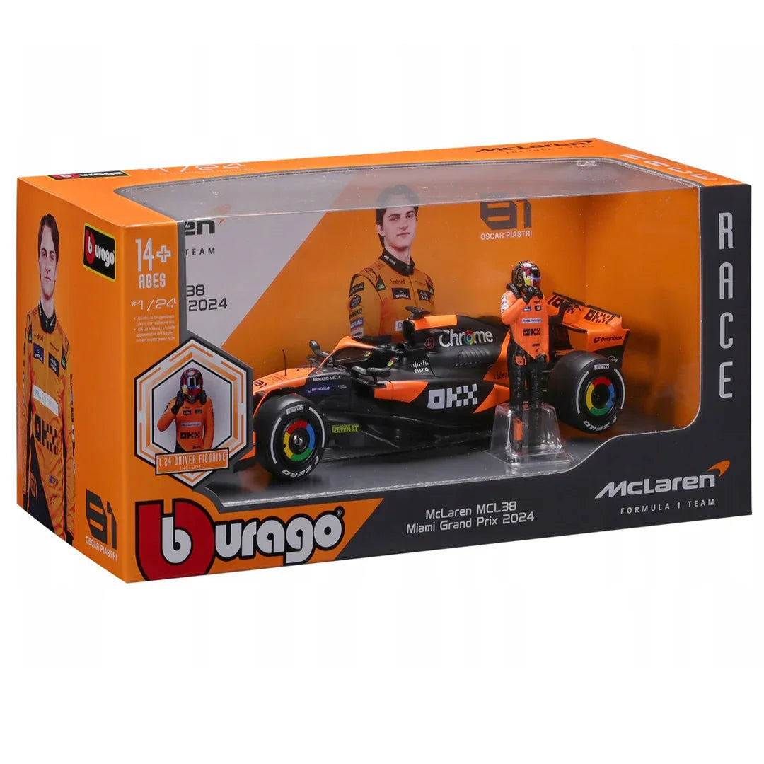 Bburago 1:24 McLaren MCL38 Miami GP 2024 – Oscar Piastri Diecast Car with Driver Figurine