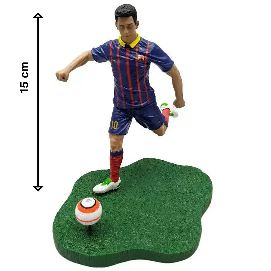 15 cm soccer player action figure in blue and red jersey kicking a ball on green base