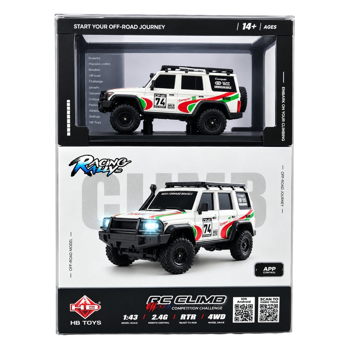 HB Toys 1:43 Scale Racing Rally RC Climb 4WD Off-Road SUV | 2.4GHz Remote Control Rock Crawler Car, Ready to Run (RTR), App Control, White