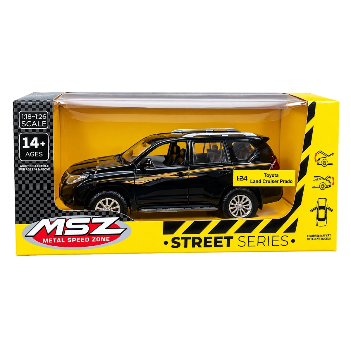MSZ 1:24 Scale Toyota Land Cruiser Prado Black Diecast Model SUV – Metal Body Collectible Car with Detailed Interior, Realistic Wheels & Premium Display Packaging for Ages 14+