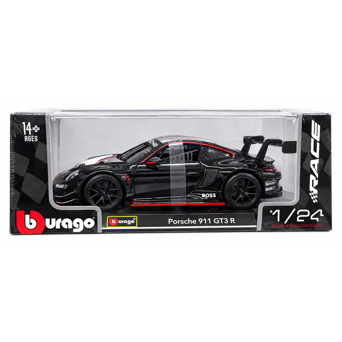 Bburago Porsche 911 GT3 R Black Racing Car 1:24 Scale Diecast Model with Rear Spoiler β Collectible Sports Car for Ages 14+