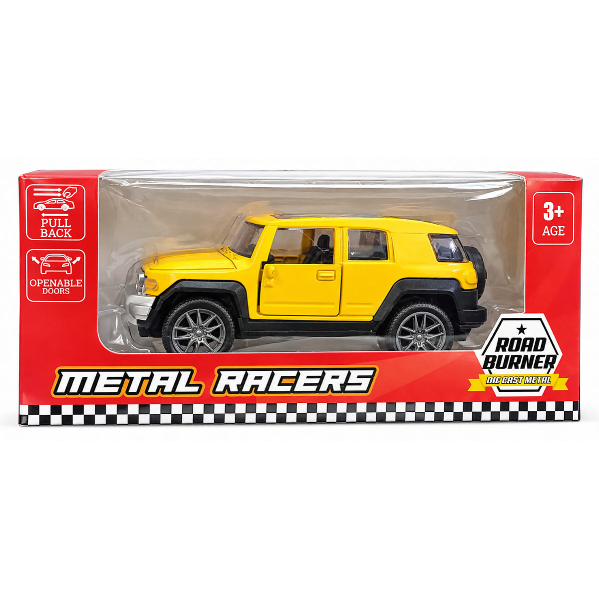 Road Burner Metal Racers NS023 Yellow Diecast SUV Toy Car with Pull Back Action & Openable Doors for Kids Ages 3+